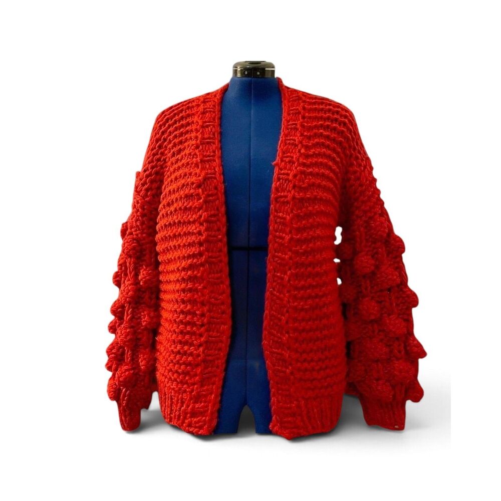 RACHEAL Red Chunky Knit Bubble Sleeve Cardigan, Size 1XL